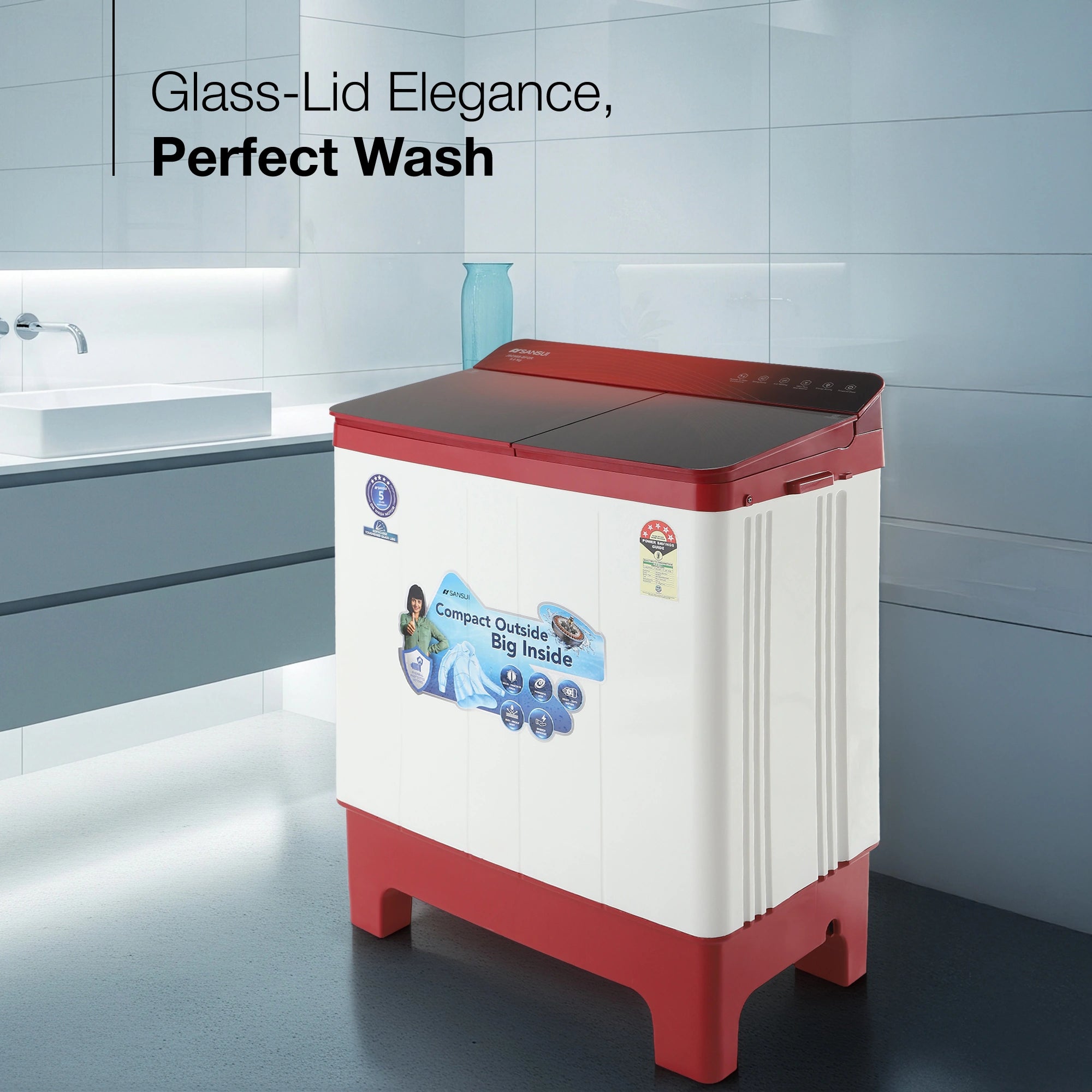 Sansui 9 kg 5 Star with Full Glass Top, Power Dry and Dynamic Pulsator Semi Automatic Top Load Washing Machine Red  (JSC90S-BFGR)