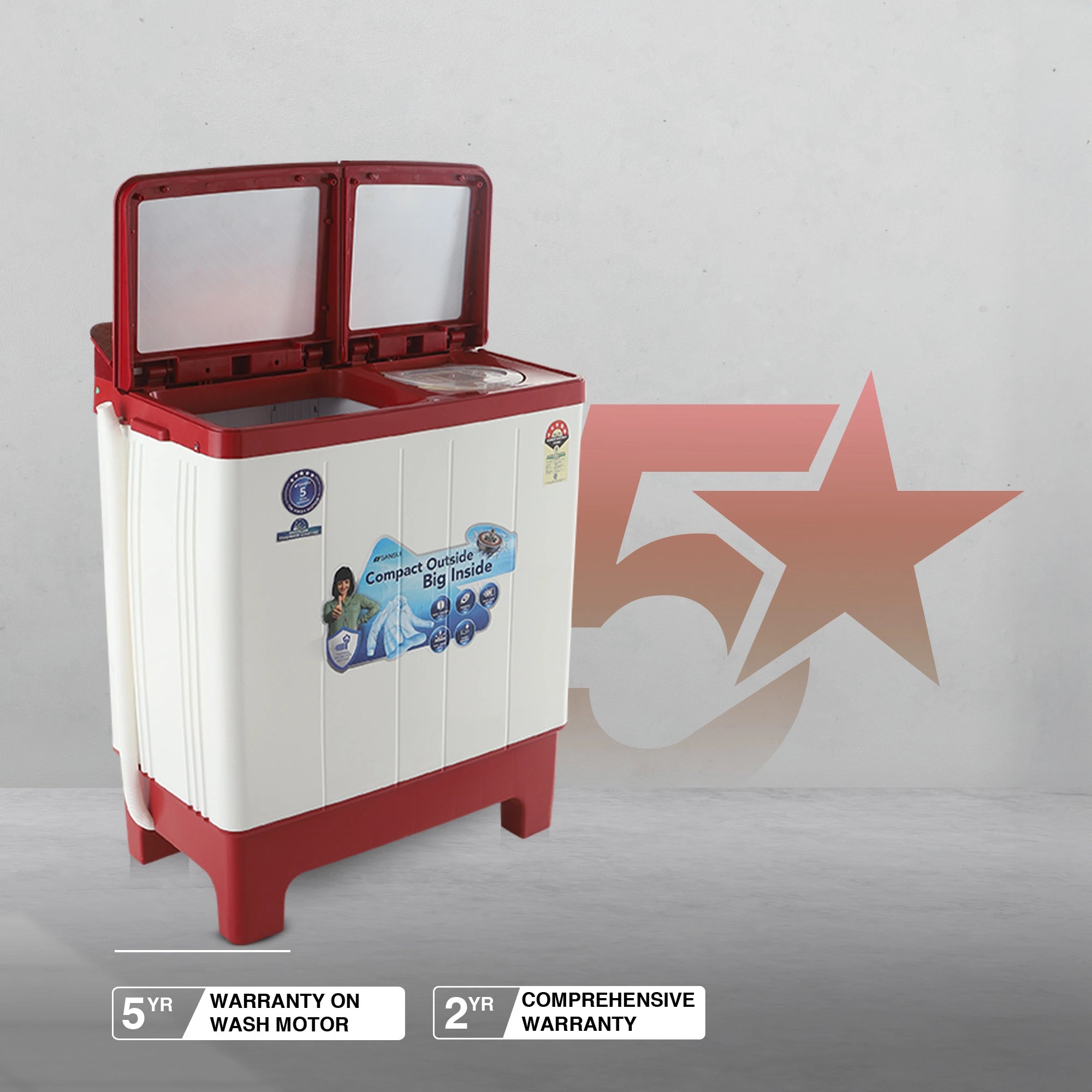 Sansui 9 kg 5 Star with Full Glass Top, Power Dry and Dynamic Pulsator Semi Automatic Top Load Washing Machine Red  (JSC90S-BFGR)