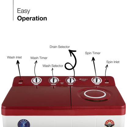 Sansui 9 kg 5 Star with Rust-Free Fiber top, Air Dry and Dynamic Pulsator Semi Automatic Top Load Washing Machine Red  (JSC90S-BFR)