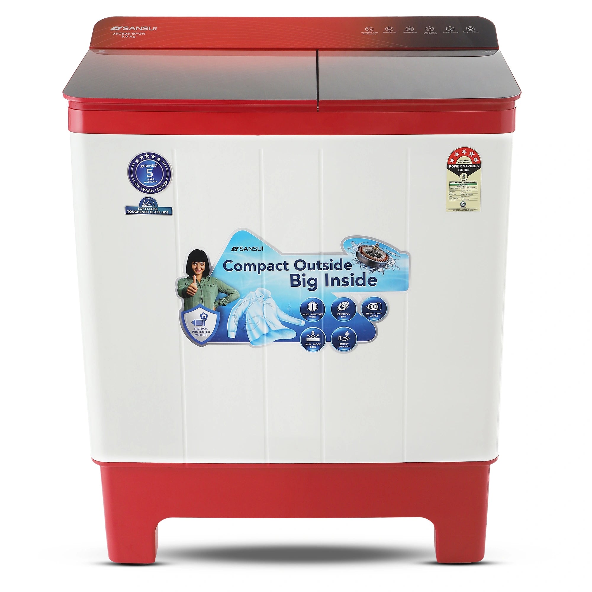 Sansui 9 kg 5 Star with Full Glass Top, Power Dry and Dynamic Pulsator Semi Automatic Top Load Washing Machine Red  (JSC90S-BFGR)