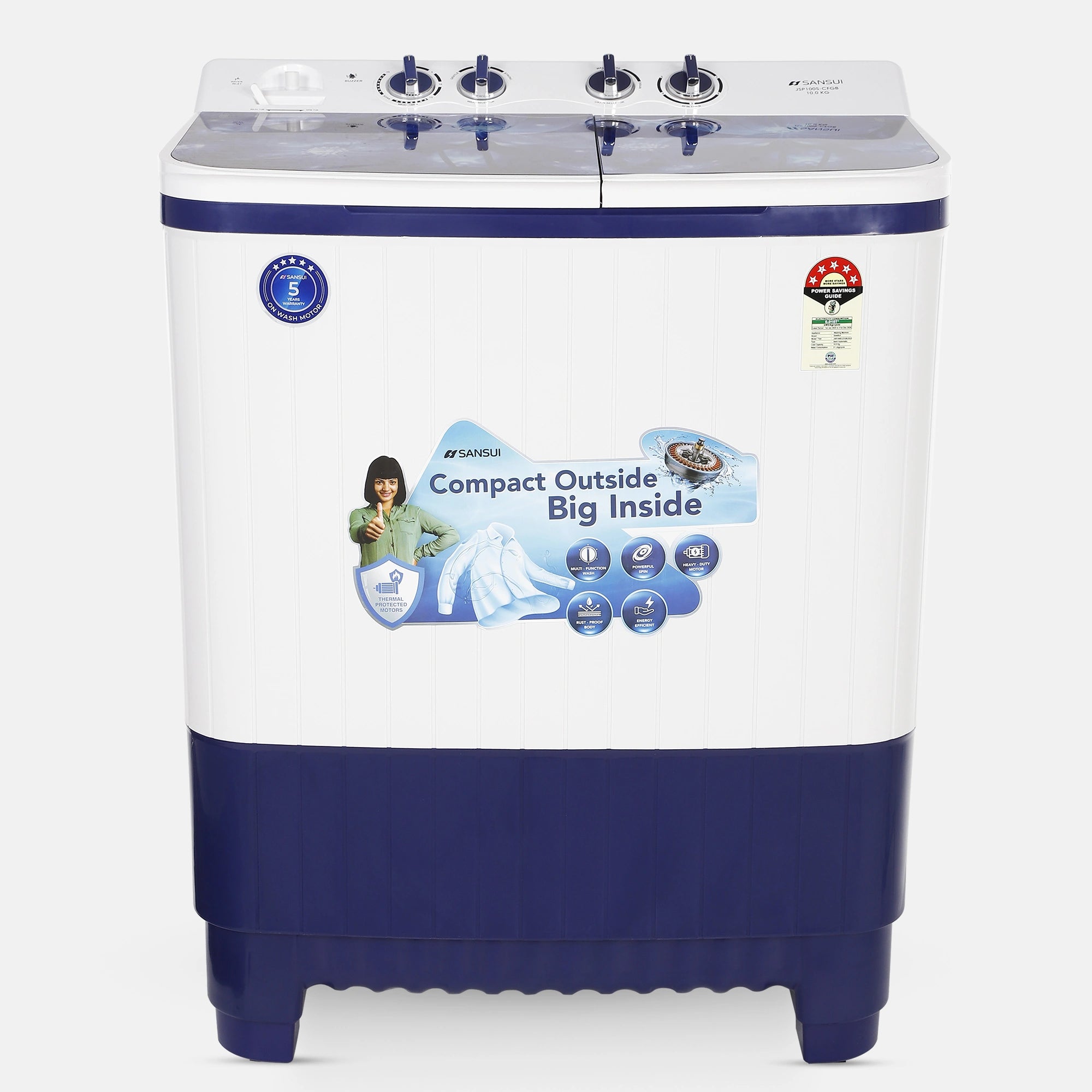 Sansui 10 kg 5 Star with Glass Top, Power Dry, Dual Waterfall, Soft Close and Dynamic Pulsator Semi-Automatic Top Load Washing Machine (JSP100S-CFGB)