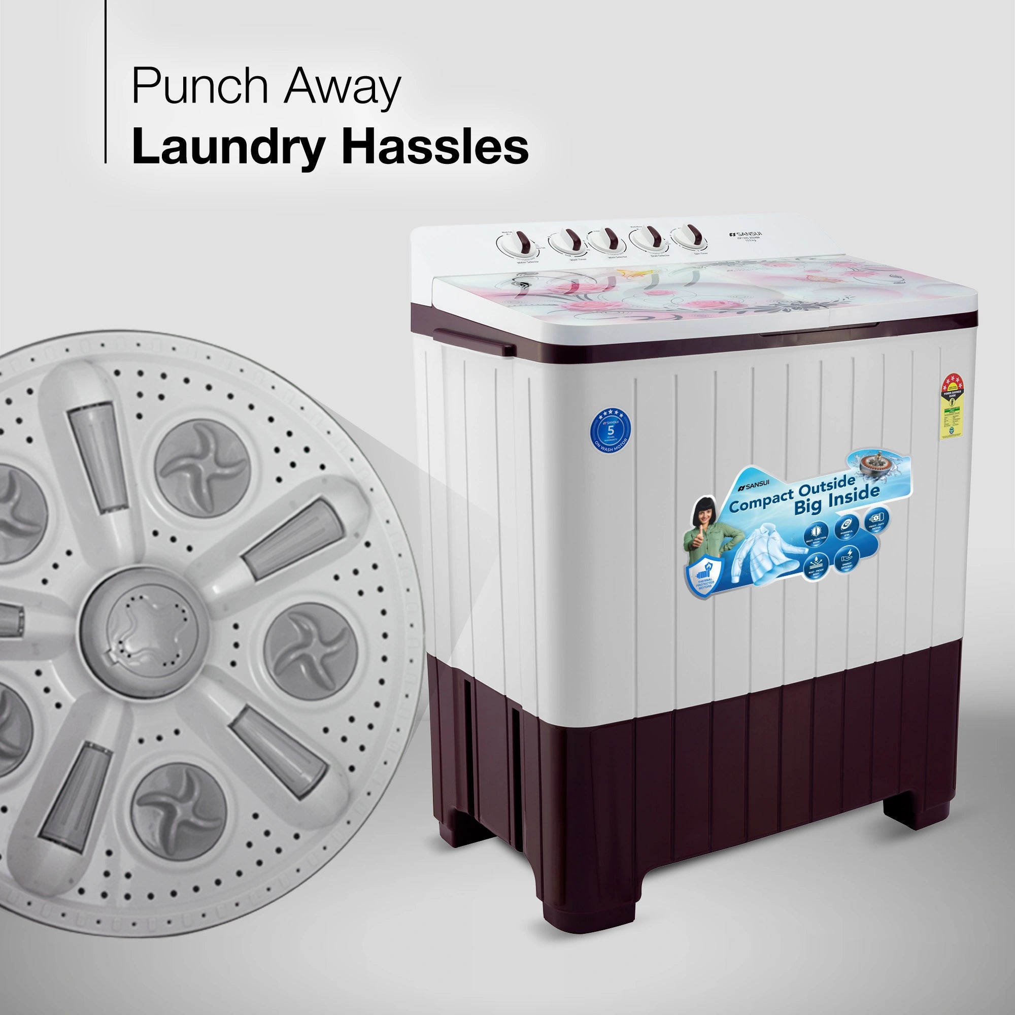 Sansui 14 kg 5 Star with Premium Glass Lid, Power Dry, Dual Waterfall and Dynamic Pulsator Semi Automatic Top Load Washing Machine (JSP140S-2024BR)