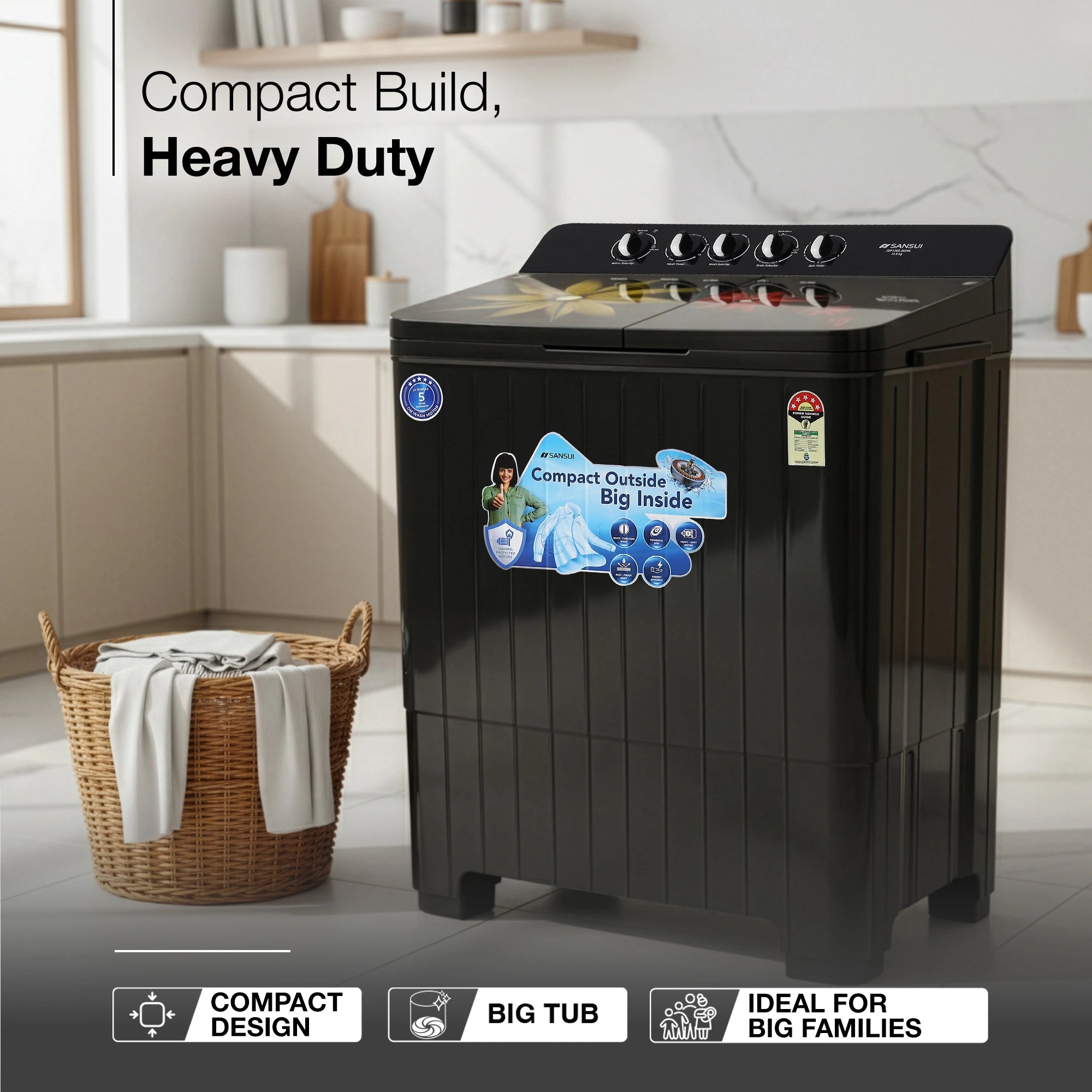 Sansui 14 kg 5 Star with Premium Glass Lid, Power Dry, Dual Waterfall and Dynamic Pulsator Semi Automatic Top Load Washing Machine (JSP140S-2024K)