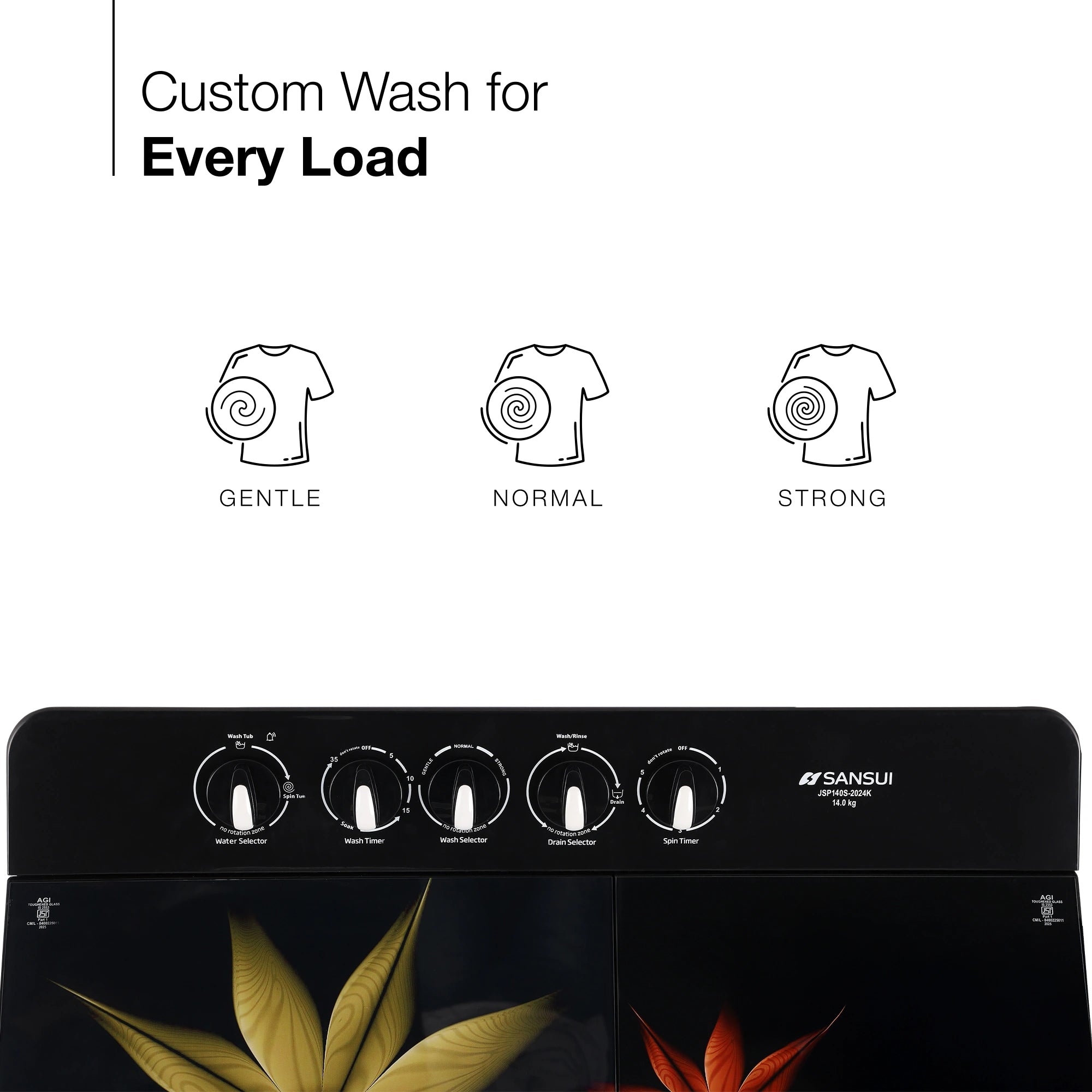 Sansui 14 kg 5 Star with Premium Glass Lid, Power Dry, Dual Waterfall and Dynamic Pulsator Semi Automatic Top Load Washing Machine (JSP140S-2024K)