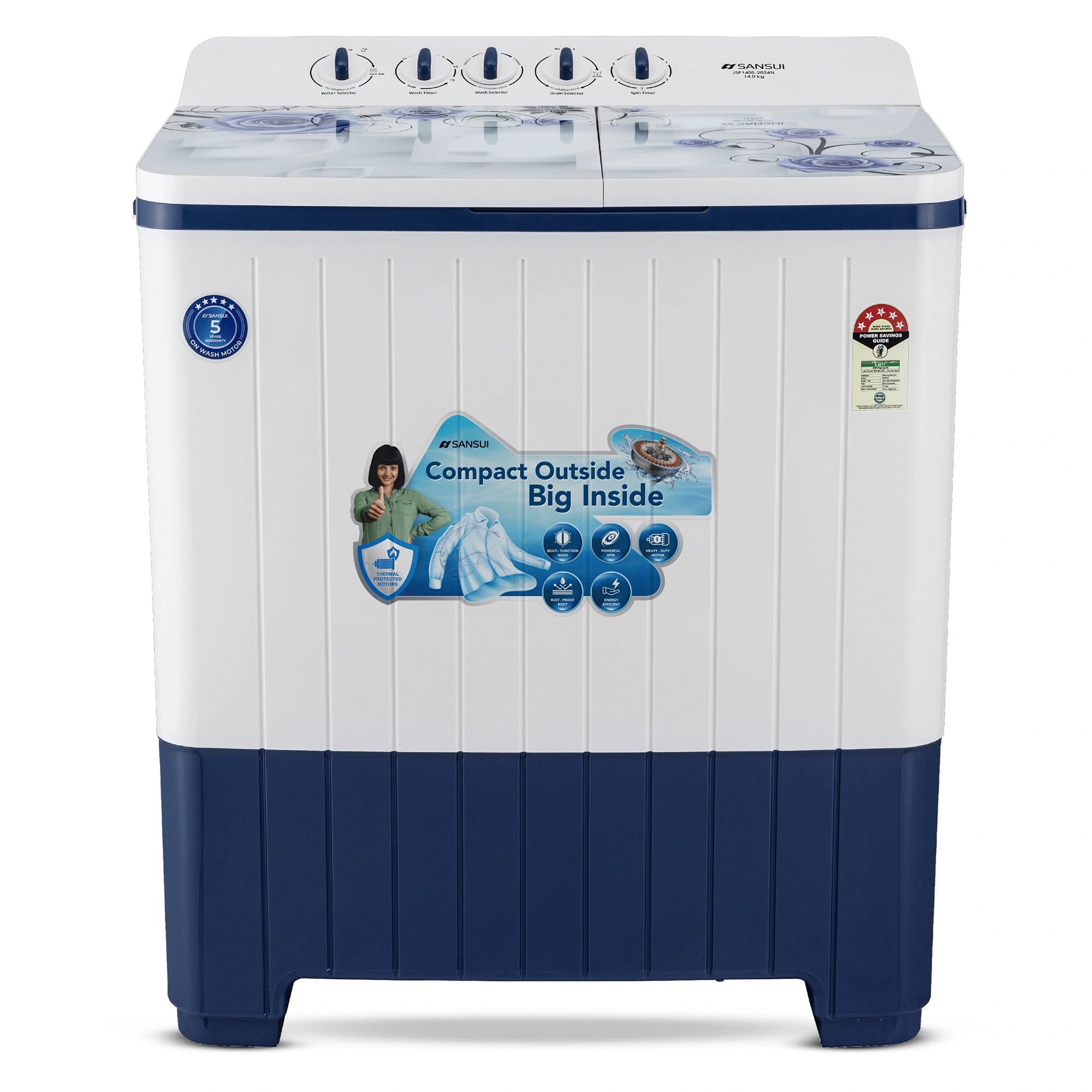 Sansui 14 kg 5 Star with Premium Glass Lid, Power Dry, Dual Waterfall and Dynamic Pulsator Semi Automatic Top Load Washing Machine (JSP140S-2024N)