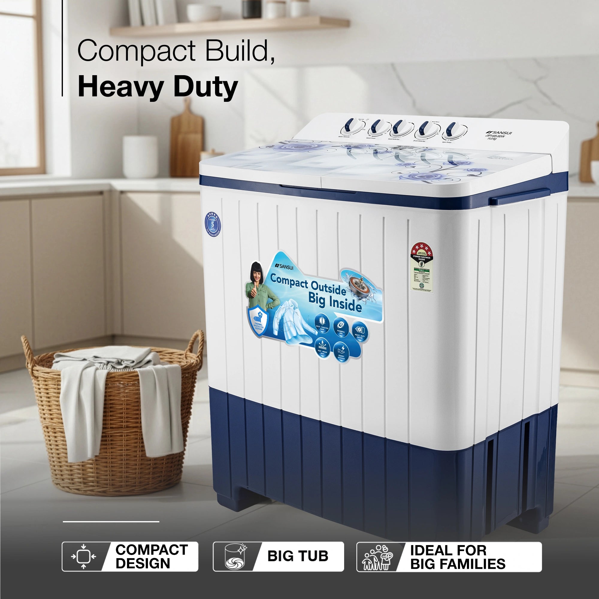 Sansui 14 kg 5 Star with Premium Glass Lid, Power Dry, Dual Waterfall and Dynamic Pulsator Semi Automatic Top Load Washing Machine (JSP140S-2024N)