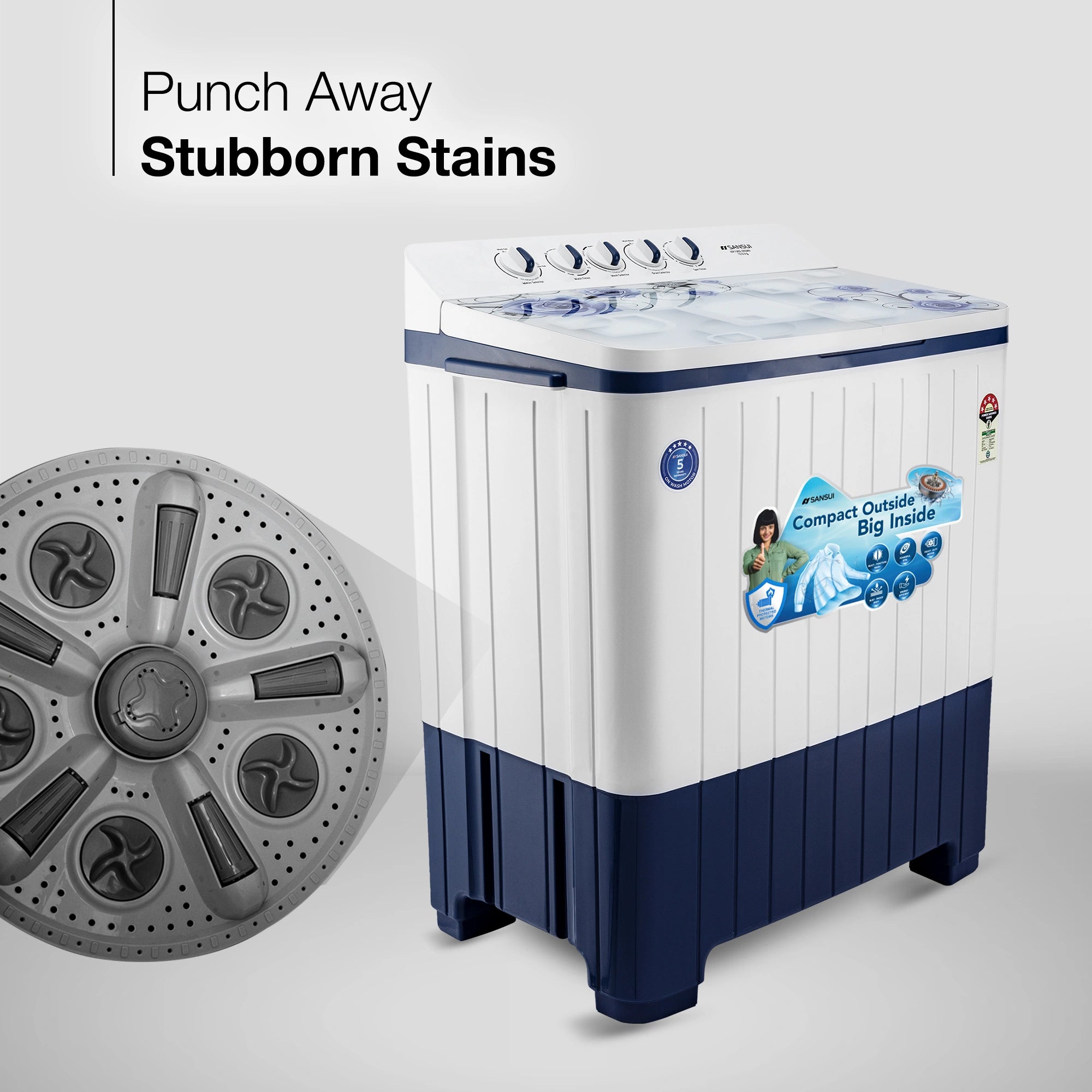 Sansui 14 kg 5 Star with Premium Glass Lid, Power Dry, Dual Waterfall and Dynamic Pulsator Semi Automatic Top Load Washing Machine (JSP140S-2024N)