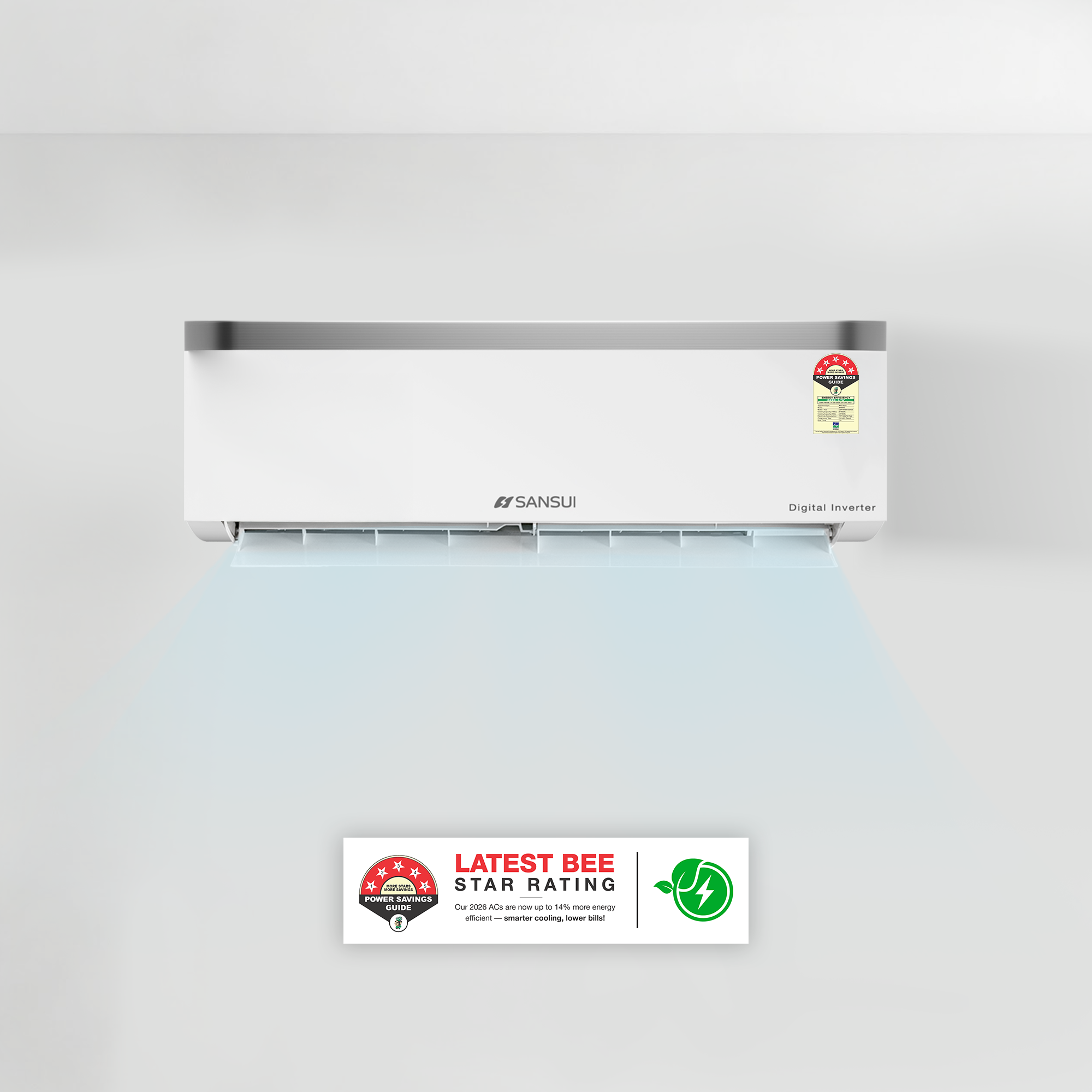 Sansui 1.5 Ton 5 Star Split Inverter AC with Zen Cool, 5-In-1 Convertible Mode, 4-Way Swing, 100% Copper Tubing & Blue Fin (JSP185SICG)