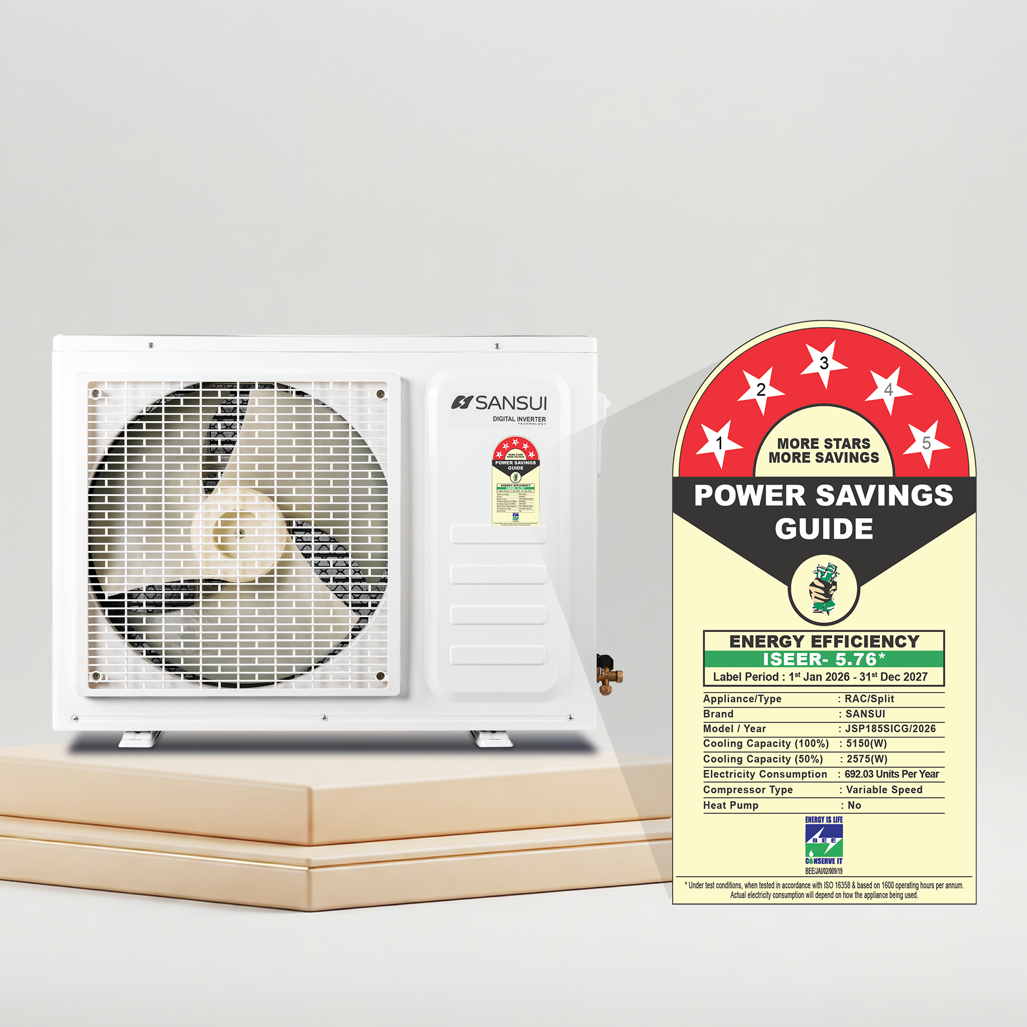 Sansui 1.5 Ton 5 Star Split Inverter AC with Zen Cool, 5-In-1 Convertible Mode, 4-Way Swing, 100% Copper Tubing & Blue Fin (JSP185SICG)