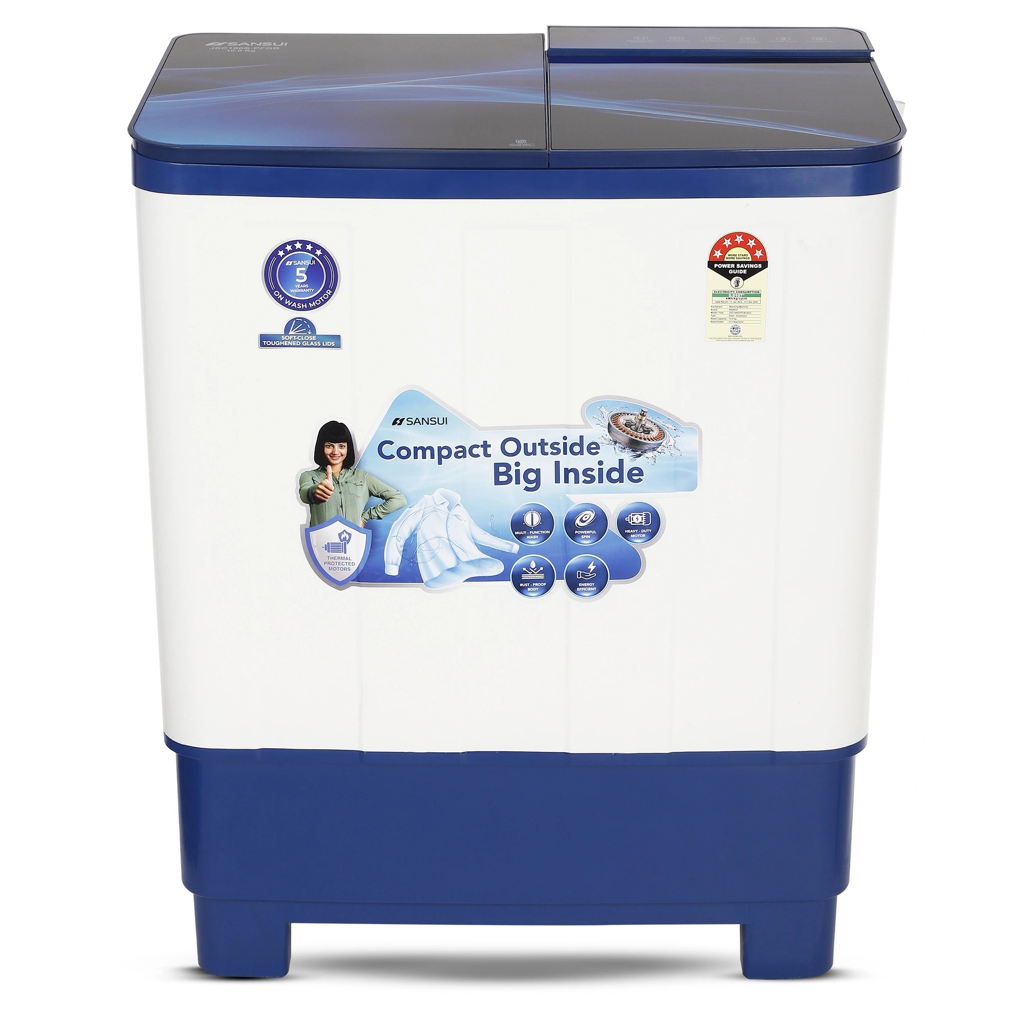 Sansui 10 kg 5 Star with Premium Full Glass Lid, Power Dry, Soft Close, Dynamic Pulsator Semi-Automatic Top Load Washing Machine (JSC100S-PFGB)